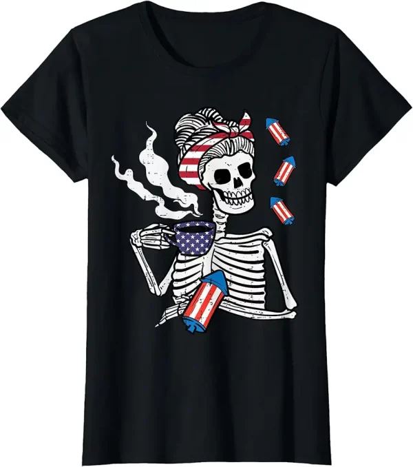 4th july skeleton messy bun coffee funny patriotic mom women tshirt 2ad0lt5ud0 bjiap
